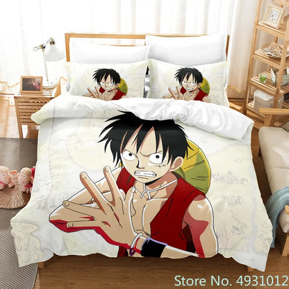 One Piece Luffy 3-Piece Bedding Set – 3D Cartoon Anime Duvet Cover & Pillowcase Set for Kids, Boys, Teens & Adults