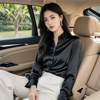 Chemisier en Soie Satinée à Manches Longues pour Femme – Chemise de Bureau Élégante Ample Boutonnée, Haut de Travail Professionnel d'Automne