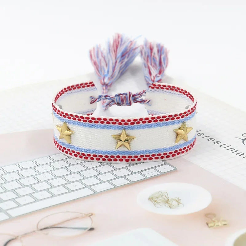 Bohemian Star Tassel Bracelet – Handmade Woven Alloy Gold Rivet Wrist Strap for Women | Ethnic Fashion Jewelry Gift