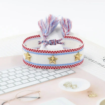 Bohemian Star Tassel Bracelet – Handmade Woven Alloy Gold Rivet Wrist Strap for Women | Ethnic Fashion Jewelry Gift