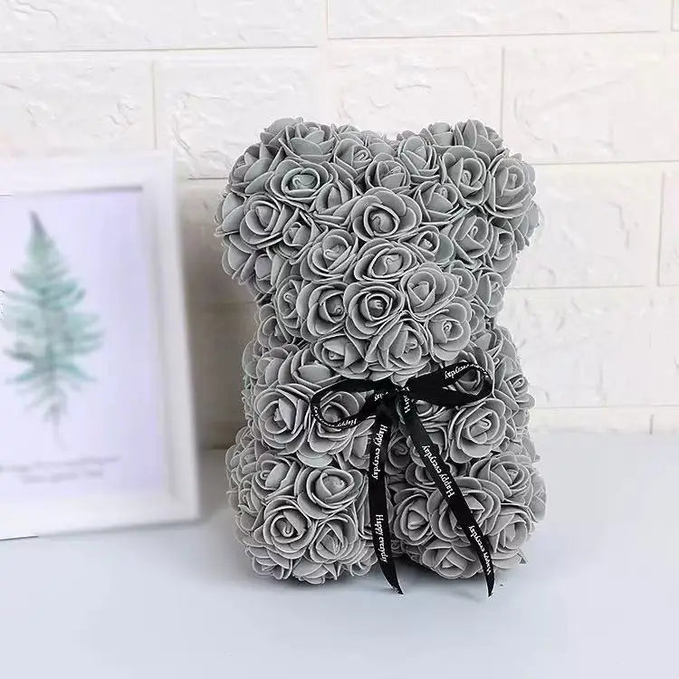Oso de rosas artificiales de 25 cm con caja de regalo – Regalo romántico para ella en San Valentín, aniversario y boda