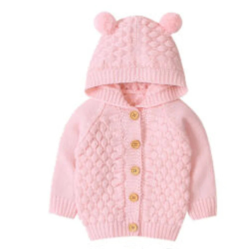 Baby Knitted Hooded Sweater Coat 0-24 Months, Unisex Infant Thermal Long Sleeve Solid Color Sweater for Boys and Girls