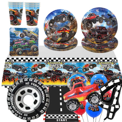 Monster Truck Birthday Party Supplies – Disposable Plates, Napkins, Banner & Tablecloth for Kids' Boys' 2nd Birthday Decorations