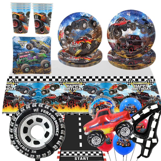 Monster Truck Birthday Party Supplies – Disposable Plates, Napkins, Banner & Tablecloth for Kids' Boys' 2nd Birthday Decorations