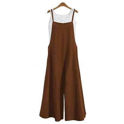 Women's Cotton Linen Wide Leg Jumpsuit Sleeveless Bib Overalls Casual Loose Summer Romper Plus Size 5XL