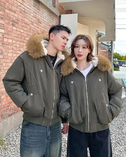 ZAROY Unisex Y2K Gothic Parka Jacket Faux Fur Collar Hooded Thick Padded Winter Coat Harajuku Streetwear Zipper Outerwear for Women and Men