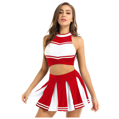 Women’s Cheerleader Cosplay Costume – Uniform Set (Crop Top + Mini Pleated Skirt, Carnival Outfit)