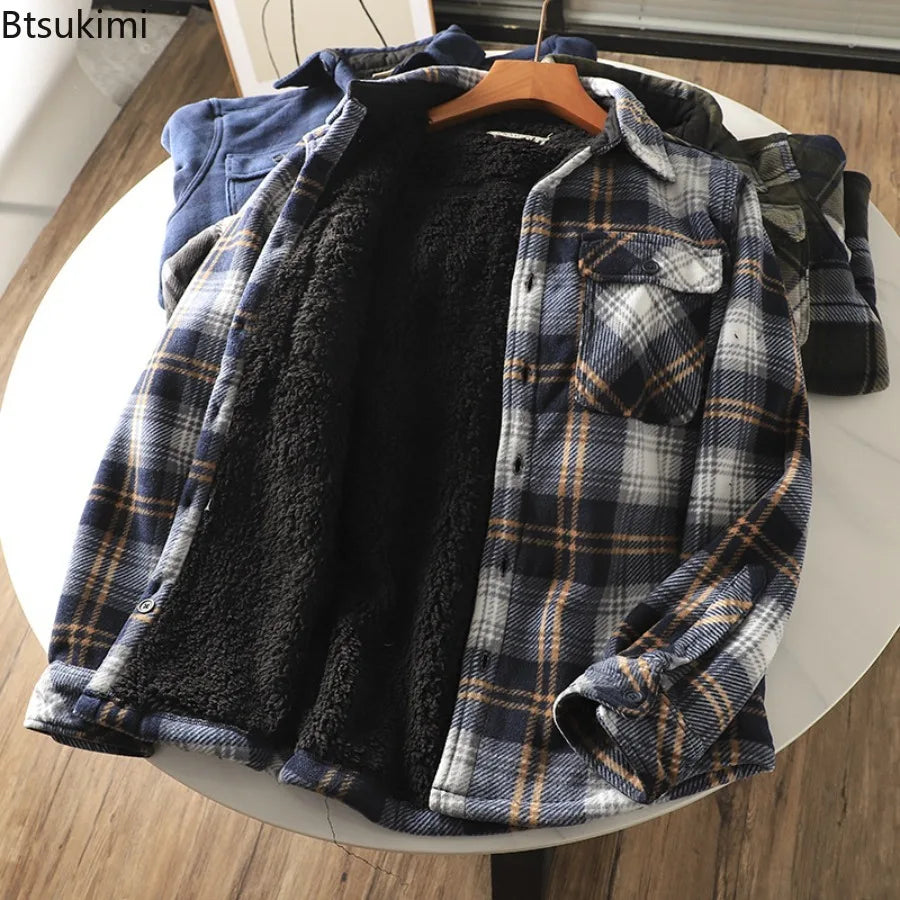 Men’s Fleece-Lined Flannel Shirt Jacket – Thick Warm Long-Sleeve Plaid Coat, Vintage Casual Outerwear for Autumn & Winter
