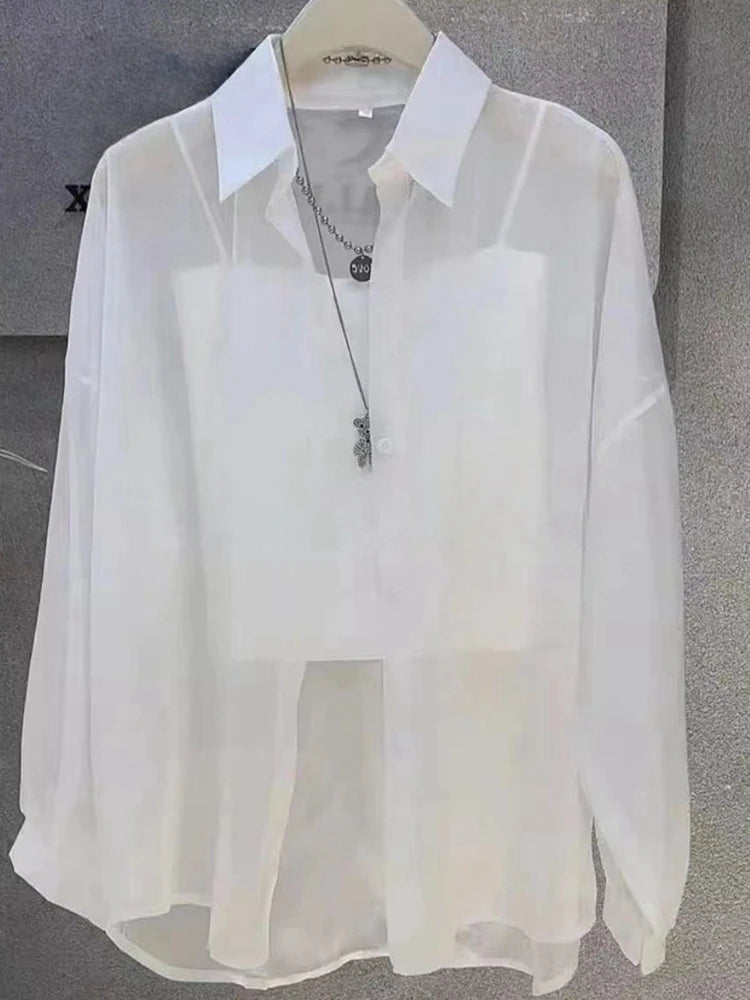 Plus Size Women's Summer Blouse – Lightweight Chiffon Long Sleeve Button-Up Shirt, Loose Breathable Sun-Protection Top