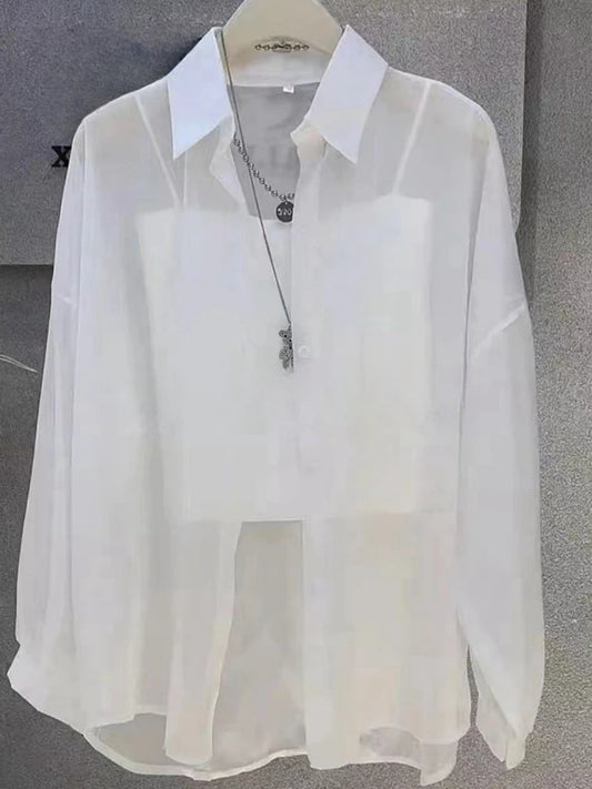 Plus Size Women's Summer Blouse – Lightweight Chiffon Long Sleeve Button-Up Shirt, Loose Breathable Sun-Protection Top