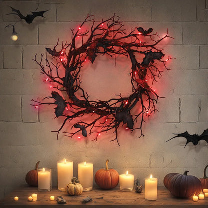 Halloween Artificial Bat Wreath – Black Branch Wreath with LED Lights for Front Door, Window, Home & Spooky Halloween Decorations