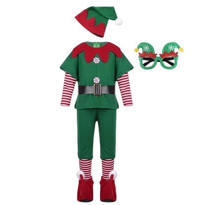 Kids Christmas Santa Claus and Green Elf Costume Set, Boys and Girls Holiday Cosplay Outfit, Festive Fancy Dress for Christmas Parties, Family Carnivals, Halloween Events and Seasonal Celebrations