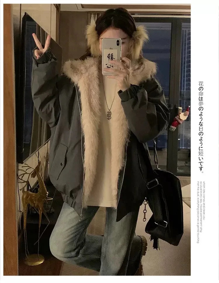 Women’s Double-Sided Faux Mink Fur Coat – Thick Plush Cotton-Padded Hooded Jacket, Loose-Fit Warm Outerwear for Autumn & Winter