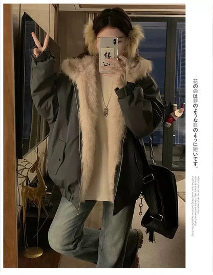 Women’s Double-Sided Faux Mink Fur Coat – Thick Plush Cotton-Padded Hooded Jacket, Loose-Fit Warm Outerwear for Autumn & Winter