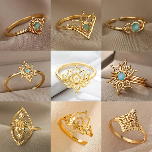 Anillo de ópalo con flor de loto de acero inoxidable dorado - Anillo llamativo vintage de piedra ovalada para mujer | Regalo de joyería de moda elegante