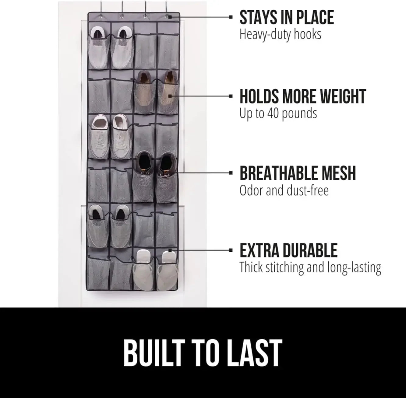 Over-the-Door Shoe Organizer - 12, 14 or 24 Pocket Hanging Shoe Storage with Large Mesh Pockets & 4 Hooks