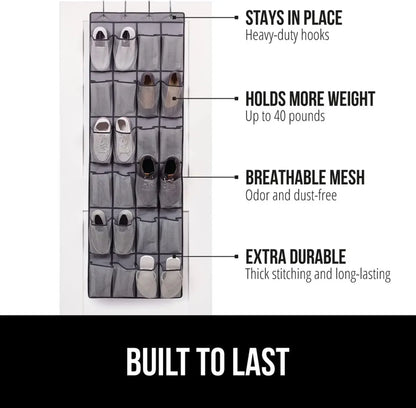 Over-the-Door Shoe Organizer - 12, 14 or 24 Pocket Hanging Shoe Storage with Large Mesh Pockets & 4 Hooks