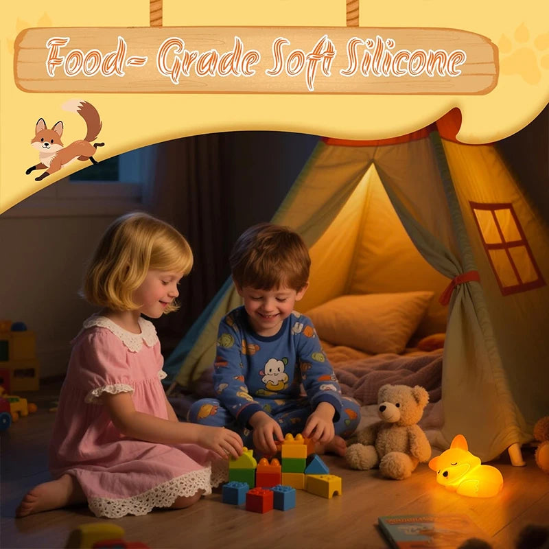 Cute Fox Silicone Night Light – Squishy Rechargeable Touch Lamp with Dimmable Brightness & Timer, Cozy Bedside Nursery Gift