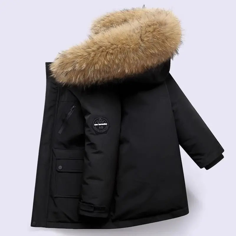 Kids’ Thick Velvet-Lined Winter Parka – Warm Cotton-Padded Coat with Fur Collar & Hood for Boys and Girls