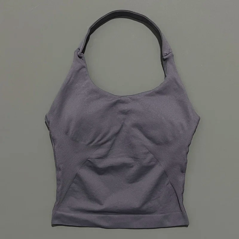 HISTELLO Women’s Seamless Longline Halter Sports Top – Built-in Bra with Removable Cups Yoga & Gym Tank Activewear