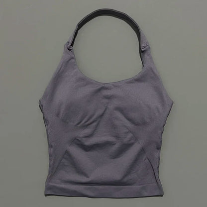 HISTELLO Women’s Seamless Longline Halter Sports Top – Built-in Bra with Removable Cups Yoga & Gym Tank Activewear