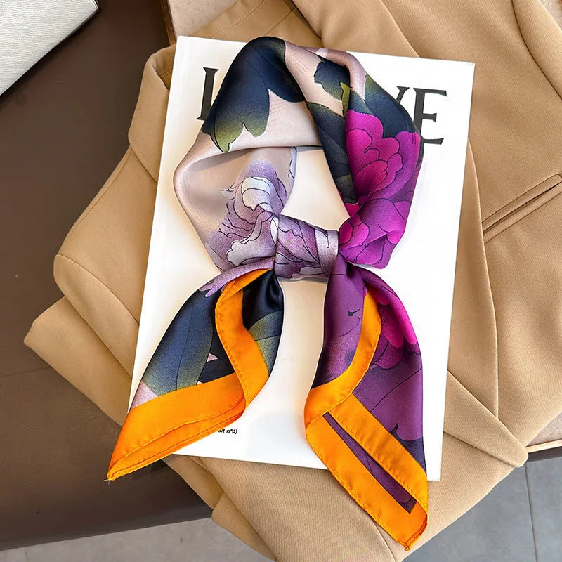 70x70CM Foulard en soie imprimé pour femme – Châle Pashmina carré tendance, tour de cou de luxe, bandeau et bandana décoratif