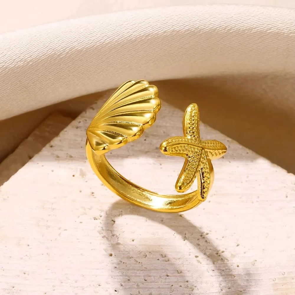 Gold Stainless Steel Starfish & Shell Ring – Adjustable Waterproof Beach-Inspired Ring for Women