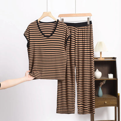 XL-8XL Plus Size Modal Pajama Set – 2PCS Short-Sleeve Striped T-Shirt & Pants, Lightweight Summer Loungewear for Home & Sleep