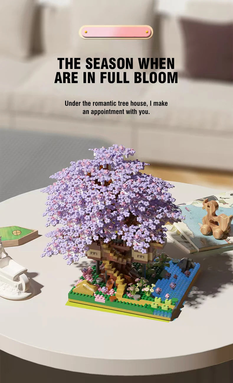 DIY Sakura Tree Building Blocks Set – Cherry Blossom Treehouse Model with LED Lights Romantic Gift Decor