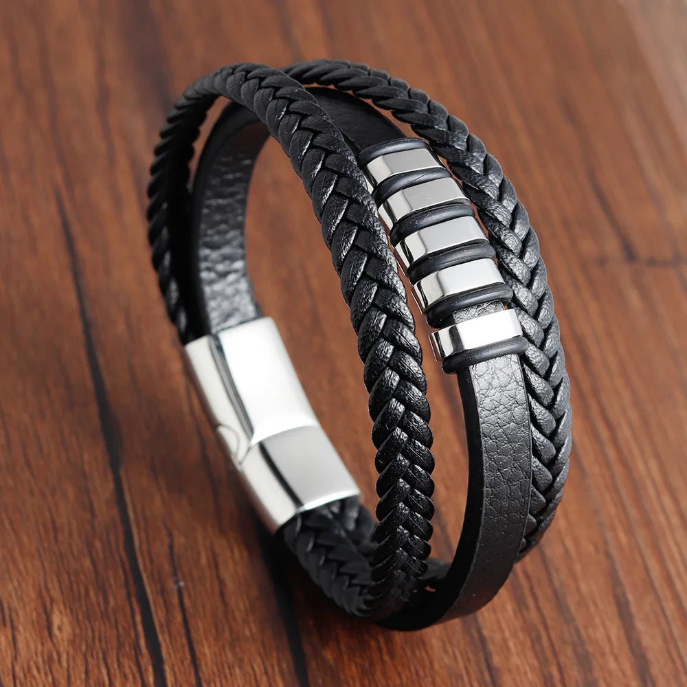 Braided Leather Rope Bracelet – Genuine Leather Bracelet with Stainless Steel Magnetic Clasp for Men & Women | Fashion Jewelry Gift