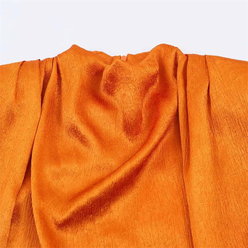 Women’s 2026 Spring Orange Sleeveless Satin Top Long Ribbon Elegant Stylish Fashion Blouse