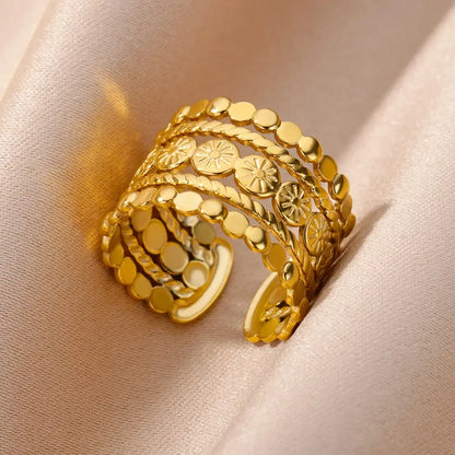 Anillo abierto grueso dorado vintage – Anillo llamativo geométrico de acero inoxidable para mujer
