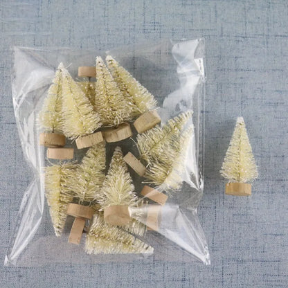 12PCS 4.2CM Mini Christmas Trees – White Snow Frost Sisal Bottle Brush Trees with Santa for DIY Xmas House & Holiday Decor