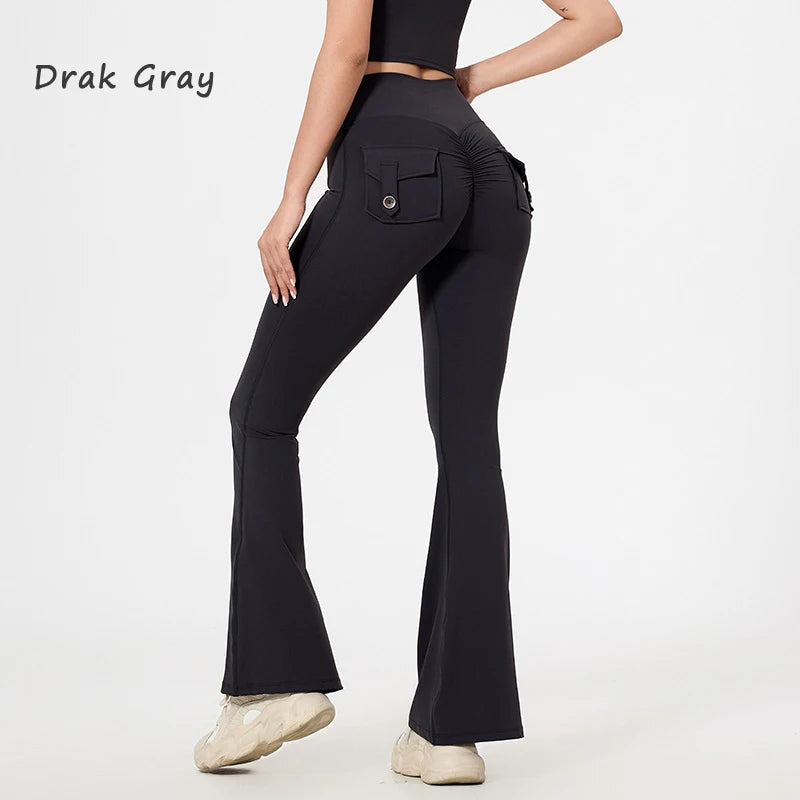 DIAS FIT JOY Pantalon de yoga évasé taille haute pour femme – Legging patte d'éléphant push-up avec poches, pantalon d'entraînement à séchage rapide pour la course, la gym, le fitness et l'exercice