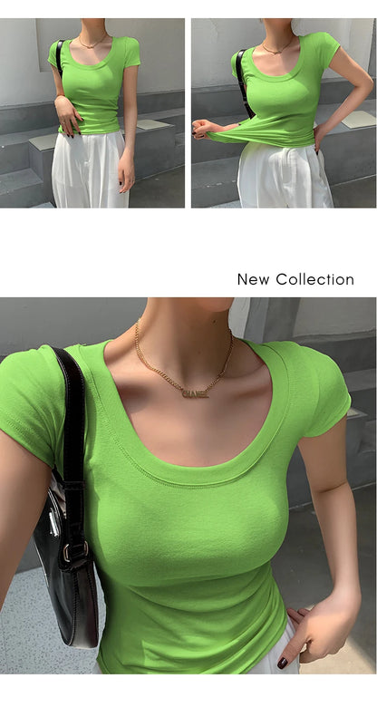 2026 Summer Women’s 100% Cotton Slim T-Shirt Casual Basic O-Neck Solid Korean Style Tee 16 Colors