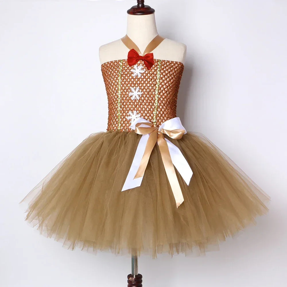 HJTT Girls' Gingerbread Man Christmas Costume Dress, Brown Tulle Tutu Outfit for Kids, Cute Xmas Carnival Party Dress-Up Clothes for Holiday Celebrations and Cosplay