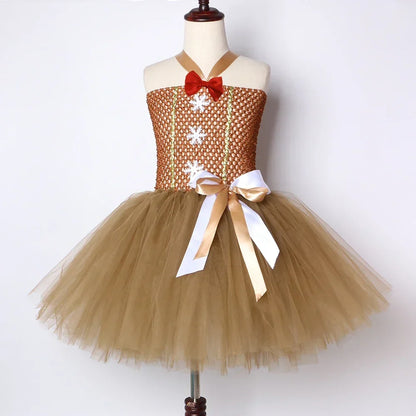 HJTT Girls' Gingerbread Man Christmas Costume Dress, Brown Tulle Tutu Outfit for Kids, Cute Xmas Carnival Party Dress-Up Clothes for Holiday Celebrations and Cosplay