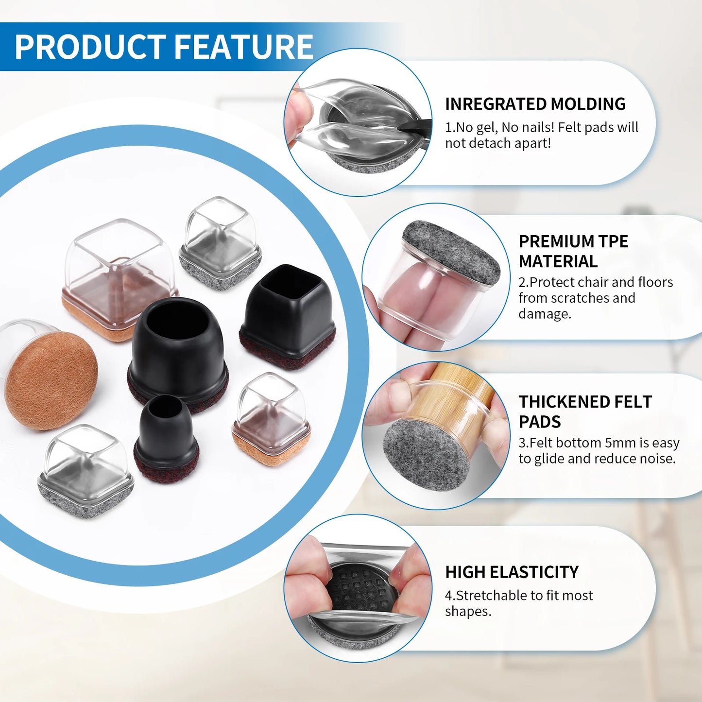 16-Pack Silicone Chair Leg Floor Protectors - Non-Slip Furniture Leg Caps with Felt Pads for Hardwood Floors