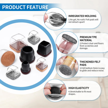 16-Pack Silicone Chair Leg Floor Protectors - Non-Slip Furniture Leg Caps with Felt Pads for Hardwood Floors