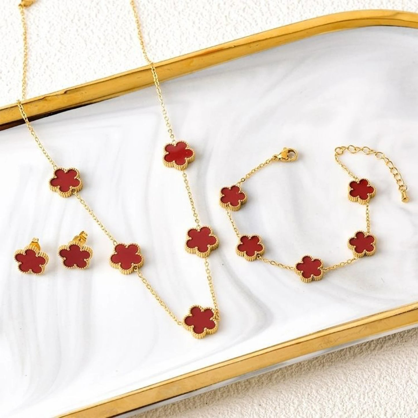 3Pcs Women’s 18K Gold Plated Five Leaf Flower Jewelry Set Clover Necklace Earrings Bracelet Party