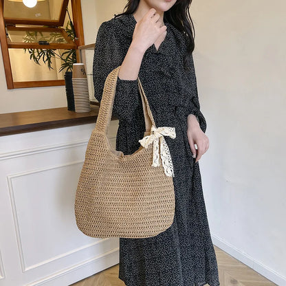 Sac à bandoulière en rotin tressé pour femmes – Grand sac cabas en paille tressée, sac de plage d'été pour femmes, sac de voyage décontracté pour les vacances, le shopping et un usage quotidien