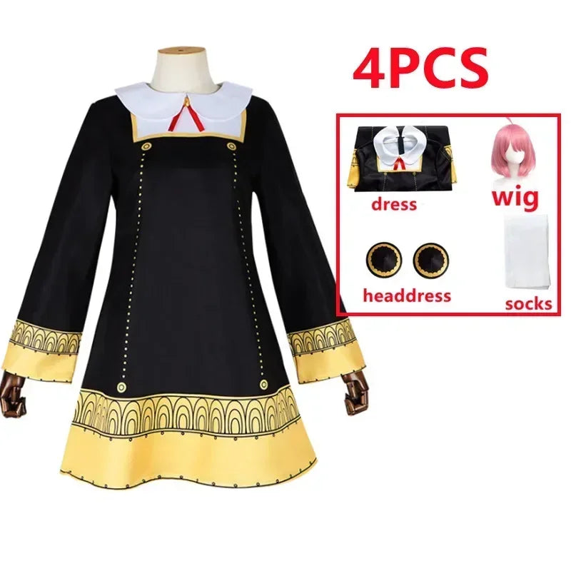Spy × Family Anya Forger Cosplay Costume Set – Black Uniform Dress with Pink Wig & Stockings for Girls & Adults, Halloween Party & Roleplay Outfit