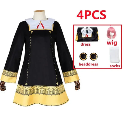 Spy × Family Anya Forger Cosplay Costume Set – Black Uniform Dress with Pink Wig & Stockings for Girls & Adults, Halloween Party & Roleplay Outfit