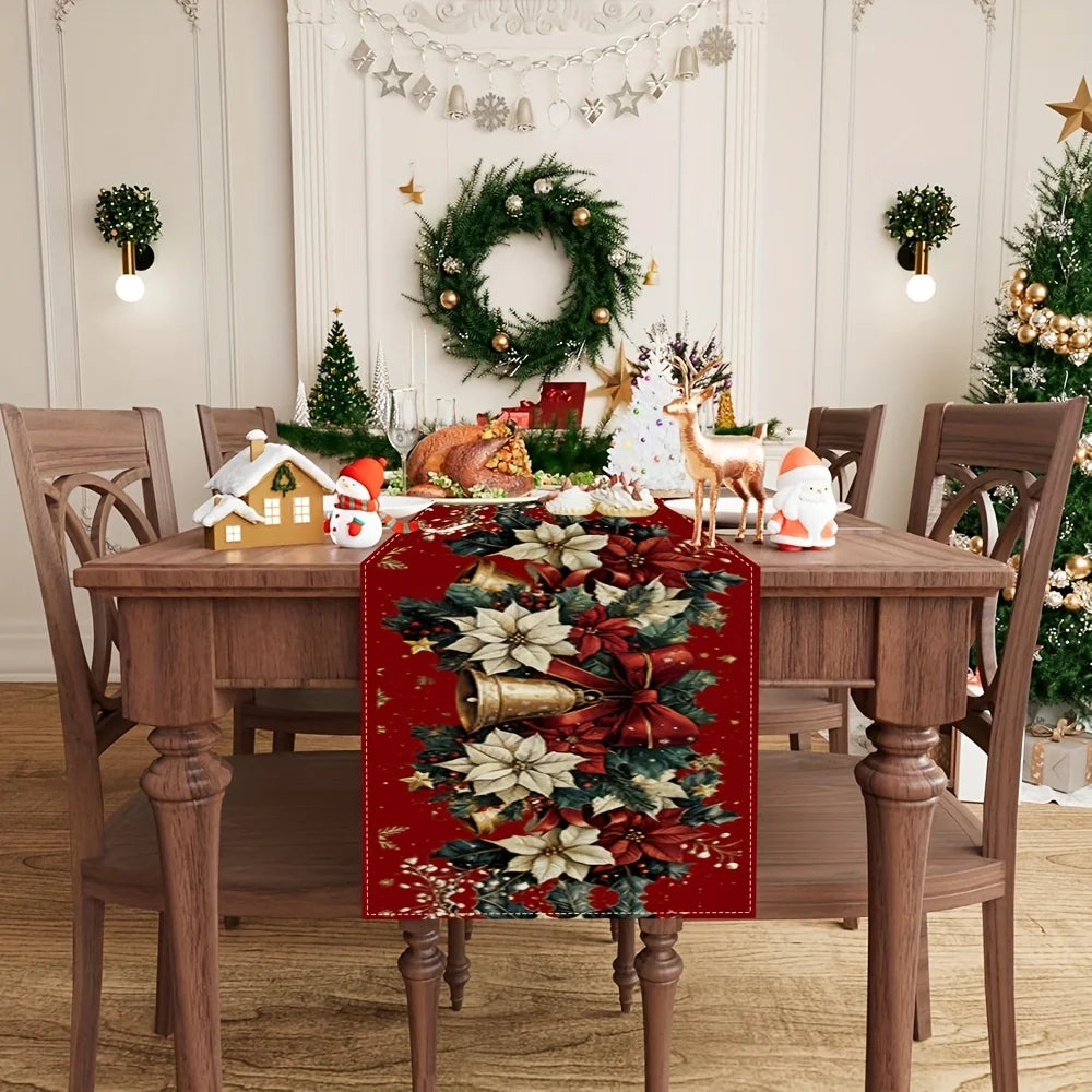 Christmas Poinsettia Table Runner – Winter Xmas Floral Tablecloth with Bells & Berry Design for Kitchen, Dining Table & Home Decor