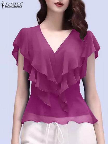 ZANZEA Women's Chiffon Blouse – Elegant Sheer Ruffle V-Neck Short Sleeve Solid Color Top for Summer