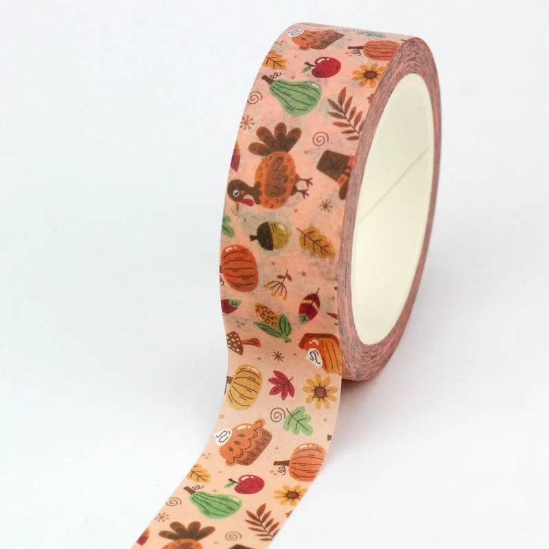 1PC 10M Fall Washi Tape – Pumpkin, Maple Leaves, Corn, Turkey & Sunflower Decorative Masking Tape for Scrapbooking, Planners & Stationery