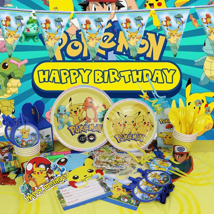 Pokémon Birthday Party Decorations – Lightning Pikachu Balloon Set with Disposable Tableware, Banner, Backdrop & Plates for Kids Events