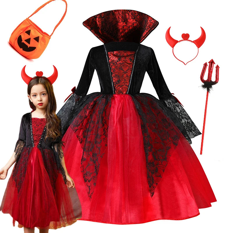 Girls’ Vampire Devil Cosplay Costume Set – Complete Halloween Party Outfit with Accessories, Holiday Dress-Up Costume & Gift