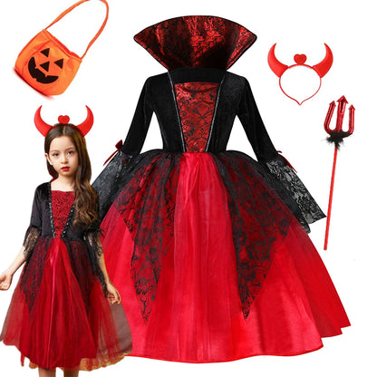 Girls’ Vampire Devil Cosplay Costume Set – Complete Halloween Party Outfit with Accessories, Holiday Dress-Up Costume & Gift
