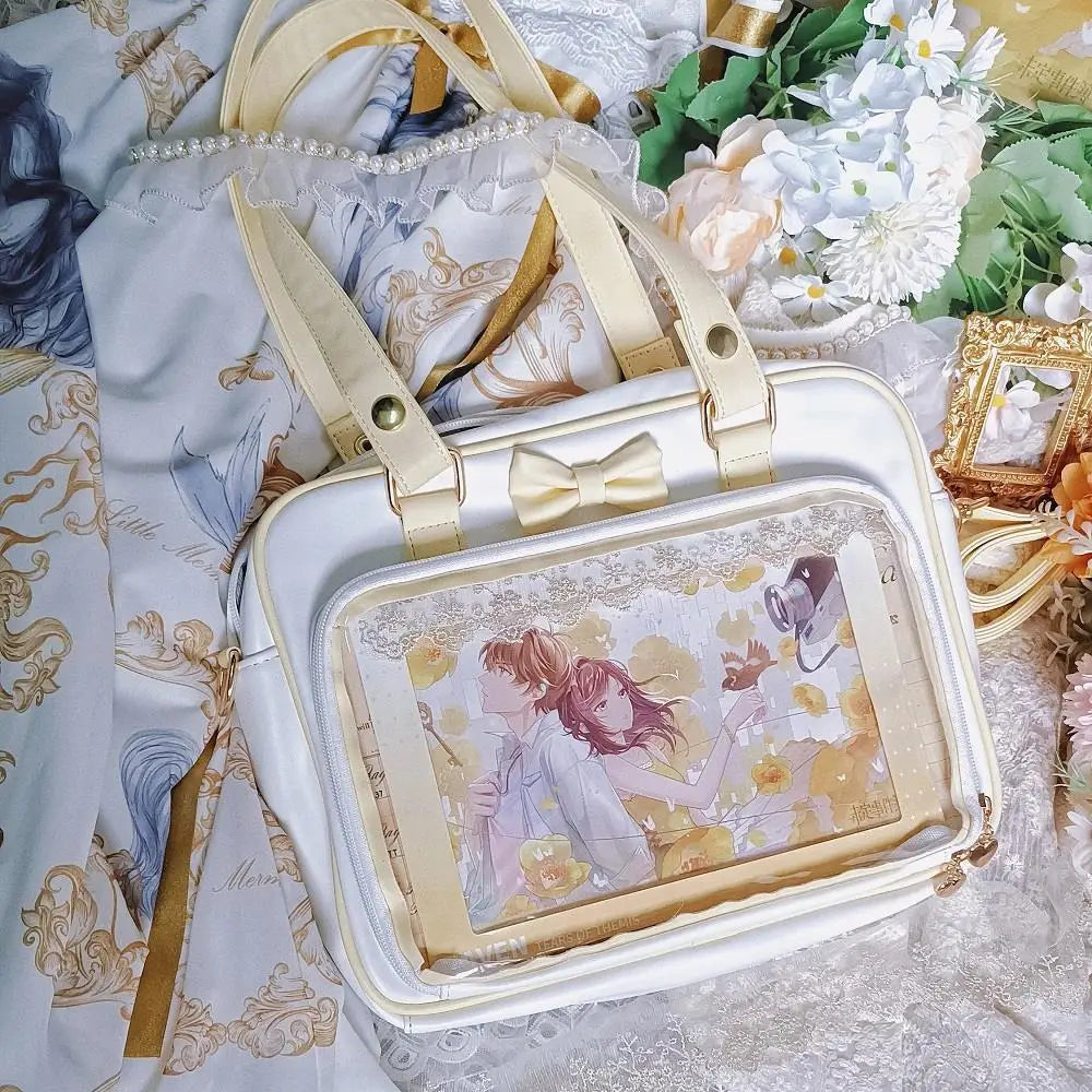 Bolso Y2K lindo con moño Ita – Bolso de hombro transparente para mujer y niña, bolso tote de exhibición de insignias DIY, bolso bandolera de moda Lolita con diseño de moño Kawaii